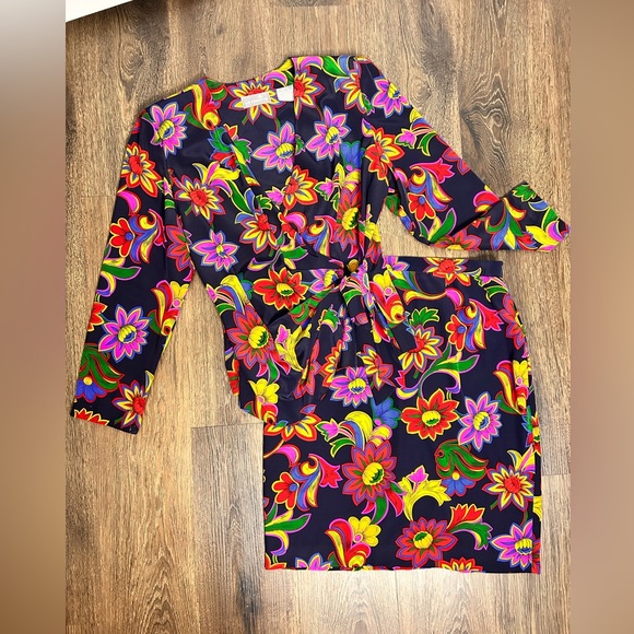 Liz Claiborne Botanical Wrap Bow Top‎ & Mini Skirt 90s Whimsical Floral 12 Flaw - Picture 1 of 12